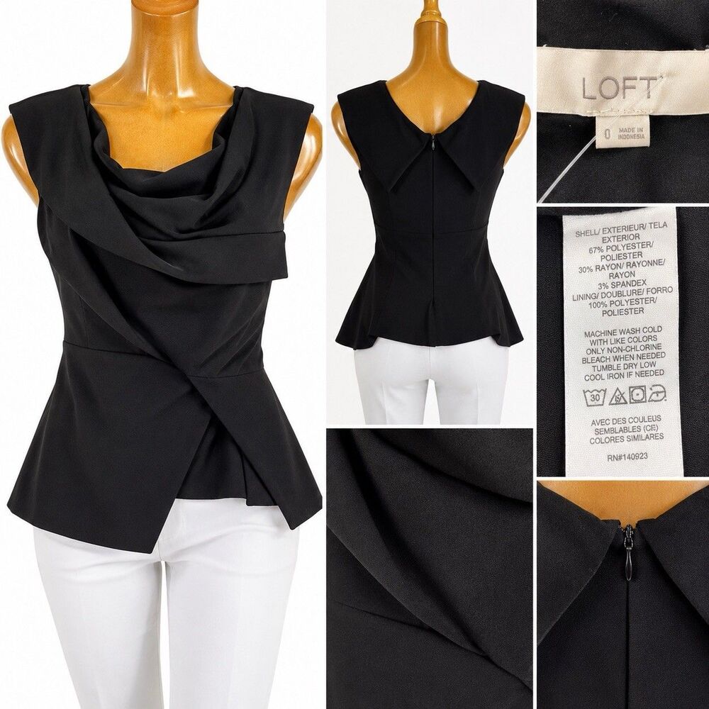 LOFT  Size 0 Black  Draped Wrap Peplum Top Sleeveless Blouse Career Workwear Chi